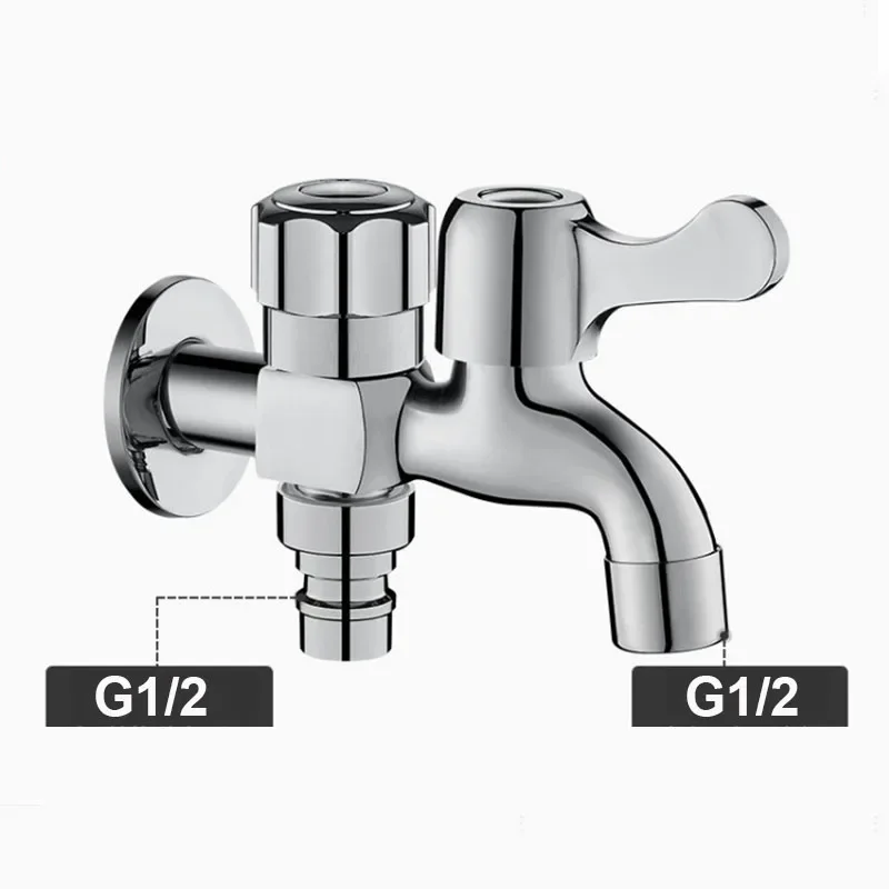 Stainless Steel Wall Mounted Double Outlet Water Tap G1/2 Thread Ceramic Valve Core Two Way Faucet for Washing Machine