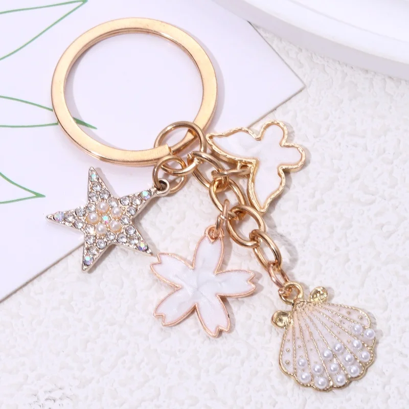 Lovely Blue Shell Starfish Keychains Pearl Crone Ocean Life Key Rings For Women Men Friendship Gift Handmade DIY Jewlery