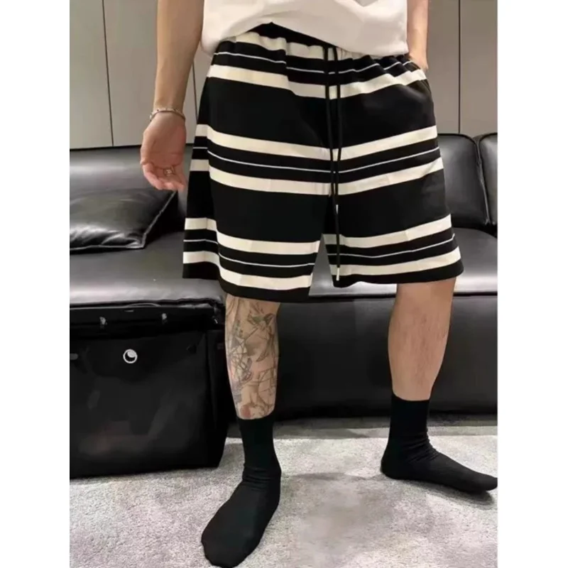 Extra Large 300 Pou Color Blo Stripe Five-Quarter Casual orts Men's Summer Trendy Design Loose Fit Straight Leg Pants