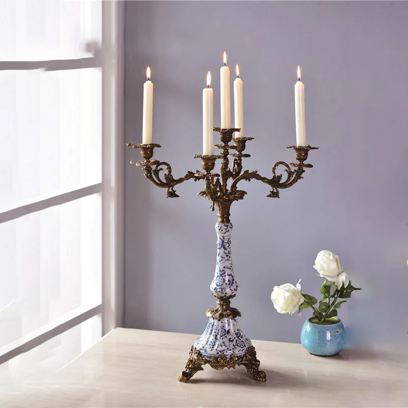 Luxury Home Brass  Decoration Candlestick Antique Candlestick Ceramic  Wedding Ornament