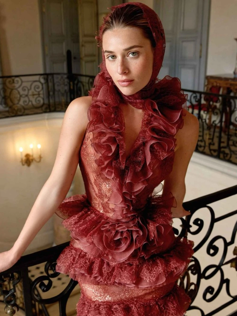 Chic Tiered Ruffled Vintage Evening Dress Sexy Open Back Bodycon Fit Dreamy Lace Prom Gown Glamorous Dinner Party Women Wear