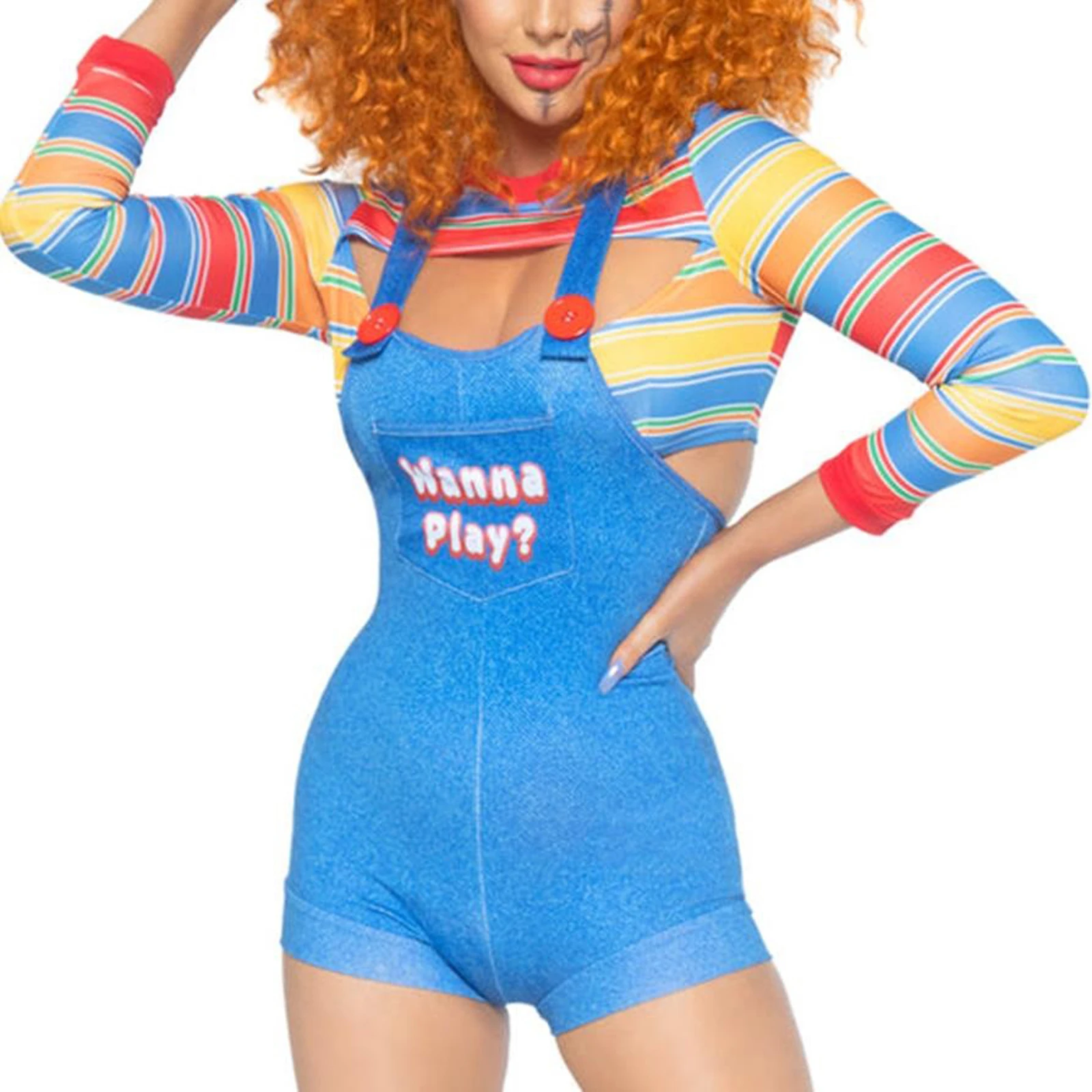 Women Bib Shorts Set Colorful Striped Long Sleeve Front Hollow  Short Tops Letter Bib Shorts