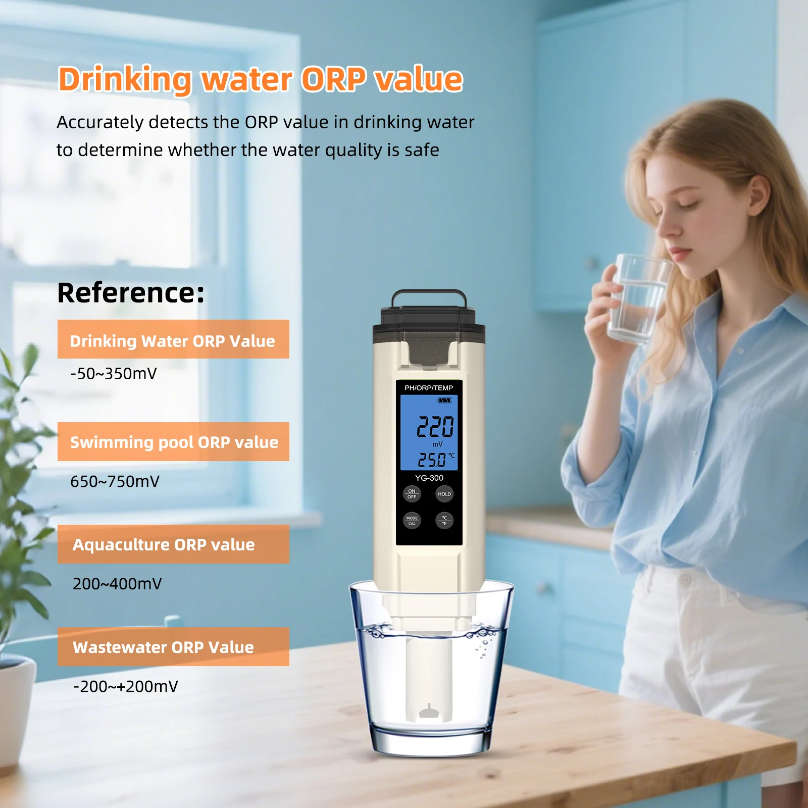 Yieryi Digitales 3-in-1 PH/ORP/Temperaturmessgerät ±1200 mV Redox-Tester Trinkwasserqualitätsanalysator für Aquarium, Pool, Hydrokultur, Spa