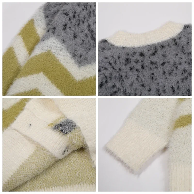 2024 Autumn and Winter Knitwears Oversize Striped Cardigan Sweater Y2k Casual Imitation Mink Mohair Patchwork Knit Sweaters Mens