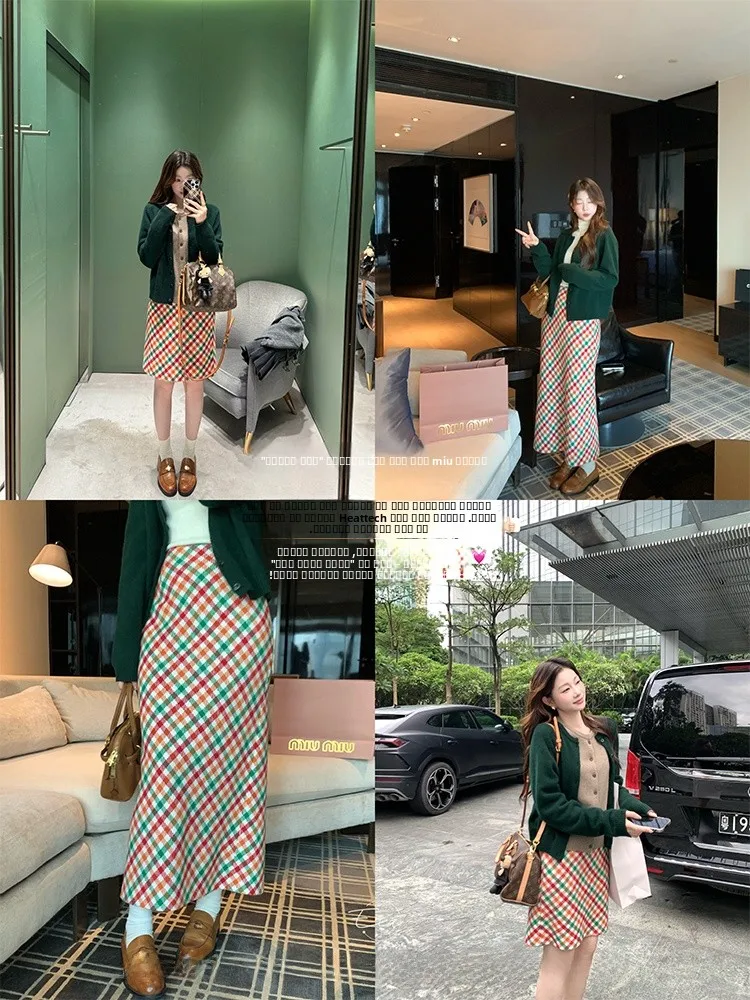 

Женская шерстяная юбка миди А-силуэта с высокой талией, в клетку, для зимы, повседневная, модная, стройнящая