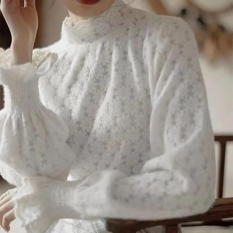 Half High Collar Lace Thick Bottom Women's Autumn Winter New Fashion Solid Color Hook Flower Hollow Lantern Sleeve Pullover Tops