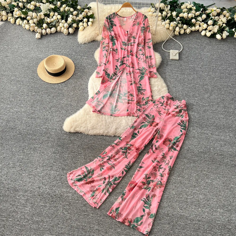 

Two Pieces Women Pant Sets Mesh Print Matching Sets Button V Neck Long Sleeve Coat Empire Waist Wide Leg Pants Loose 2026 Spring