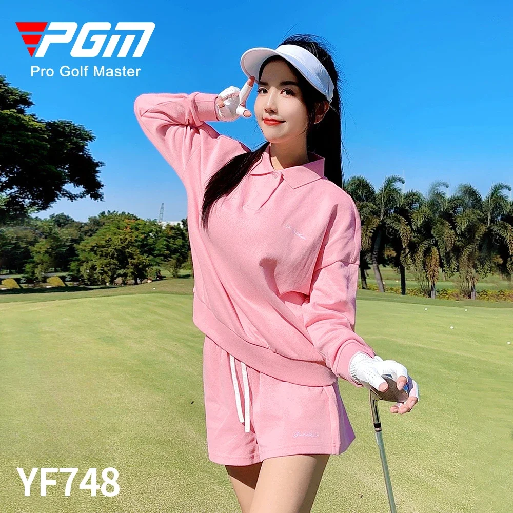 PGM Women Golf Loose Long Sleeved T-shirt Shorts Comfortable Fashionable Embroidered Sports Casual Polo Shirt YF748/KUZ199