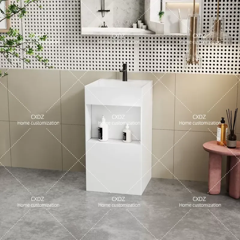 Artificial Stone Integrated Floor to Ceiling Wash Basin Square Bathroom Sink with Storage Column for Hotel Home Balcony