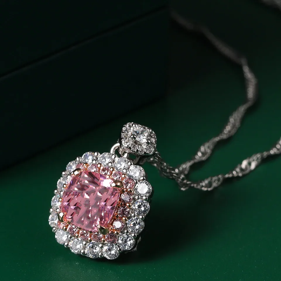 Buyee 925 Sterling Silver Classic Stone Pendant Chain 9mm Cushion Crystal & Zircon Necklace for Women Wedding Fine Jewelry Chain