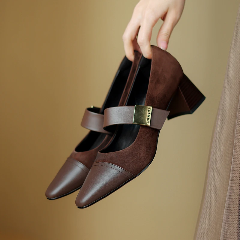 2026 spring autumn women pumps natural leather plus size 22-26.5 cm kid suede+cowhide+pigskin square toe high heel  women shoes