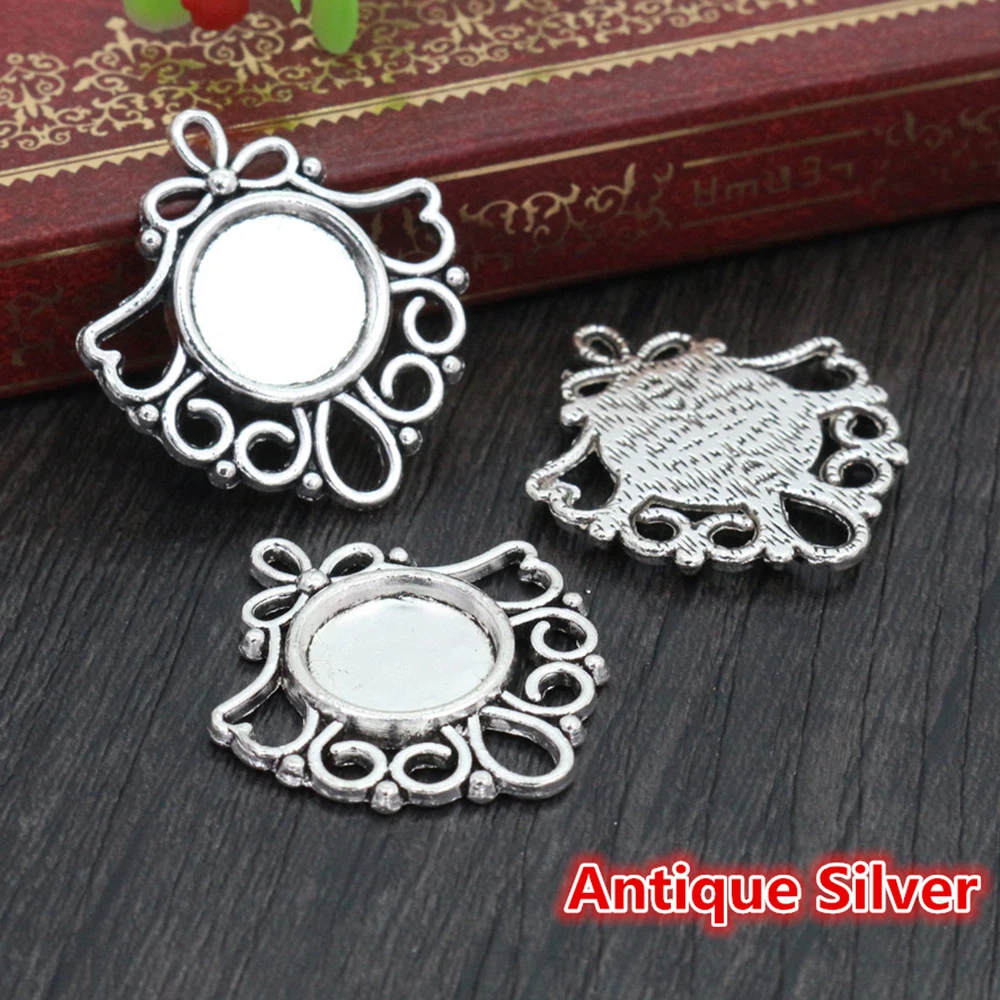 20pcs 12mm Inner Size Antique Silver Plated and Bronze and Black Colors Fashion Style Cabochon Base Cameo Setting Charms Pendant