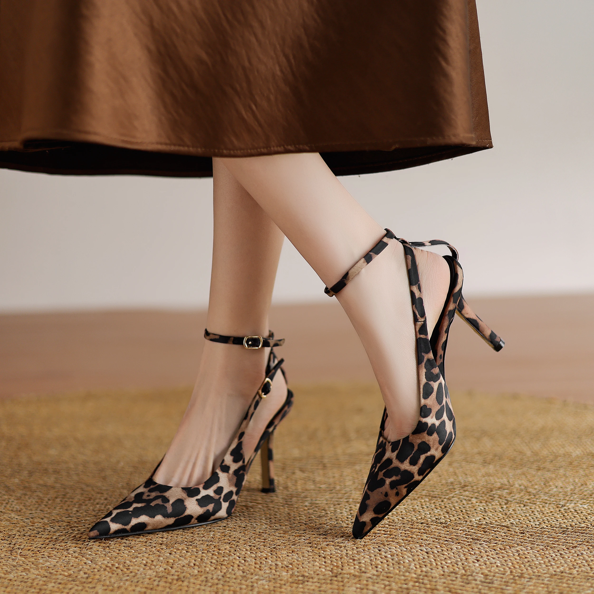 

Genuine Leather Sheepskin Suede Women Sandals,Buckle Strap Pointed Toe Cross Lace-Up High Heels,Leopard Women Shoes