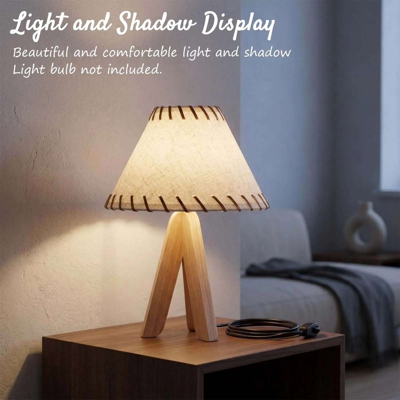 Boho Linen Lamp, Cone Shade Wood Tripod Leather Lace for Bedroom Reading Corner Office