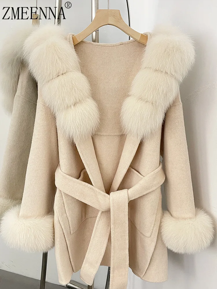 

ZMEENNA Womens Luxurious Wool Blend Wrap Coat With Hood Trim Detachable Belt Fur Cuffs Cozy Winter Warm Jacket ZM4710