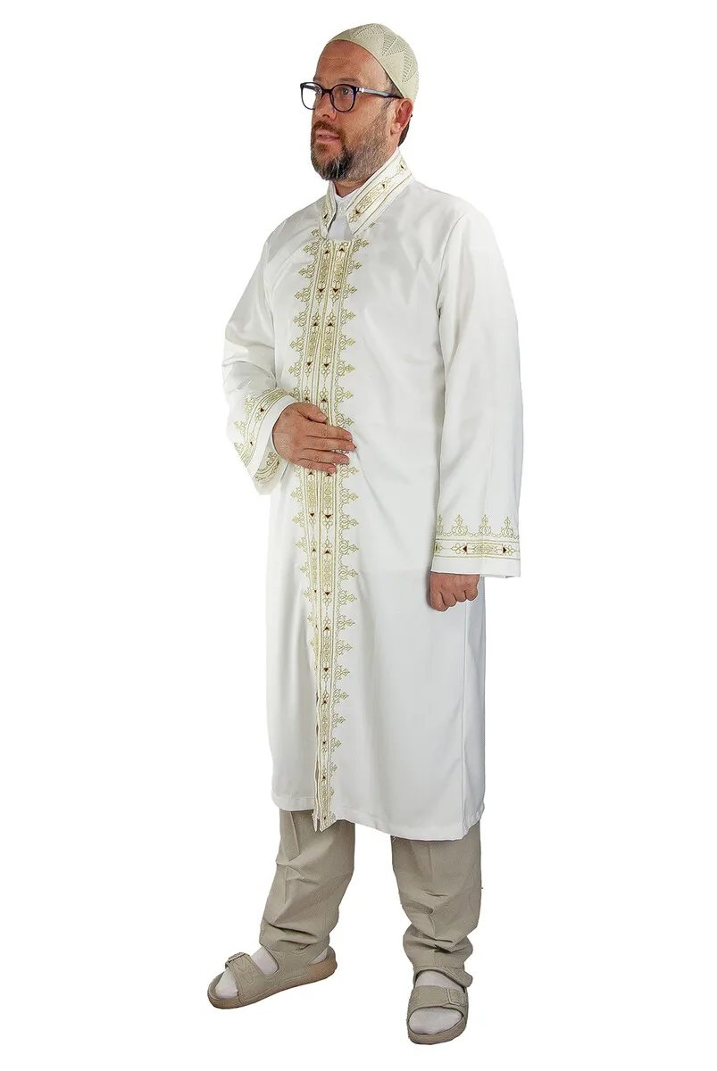 IQRAH Men Prayer Gown Imam Robe Ottoman Pattern Embroidered Cream