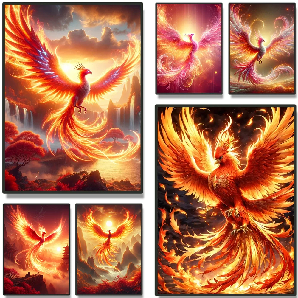 Ancient Chinese Mythology King of Birds Poster Print Flame Bird Fire Phoenix Canvas Painting Modern Living Room Home Decorati