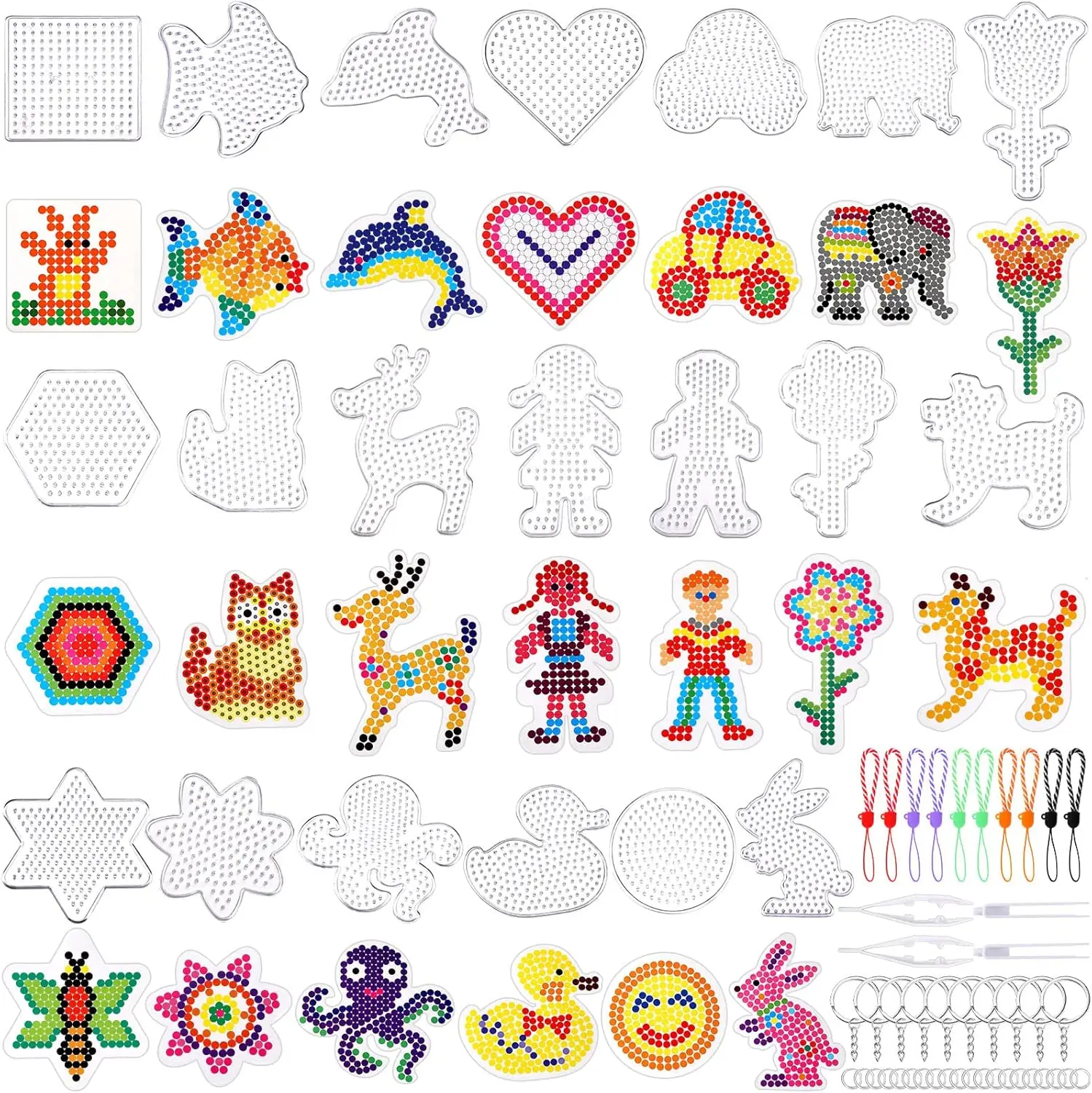 20Pcs 5mm Perler Hama Beads Pegboards Clear Animal Shape Plastic Pegboards with 20 Pcs Colorful Cards for Kids DIY Craft Beads