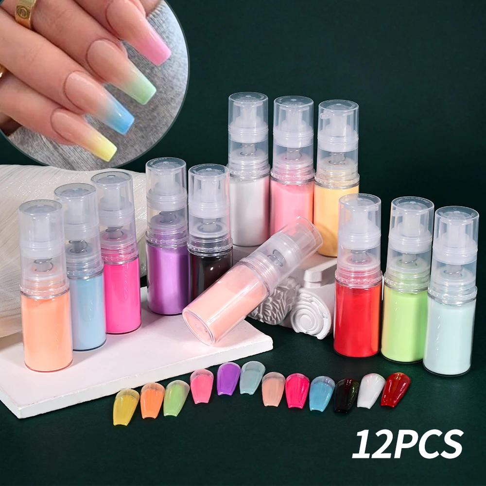 12 Bottle Neon Ombre Spray Powder Easy To Achieve Ombre Nails Design Press Pump Gradient Nail Art Pastel Pigment Press on Nails