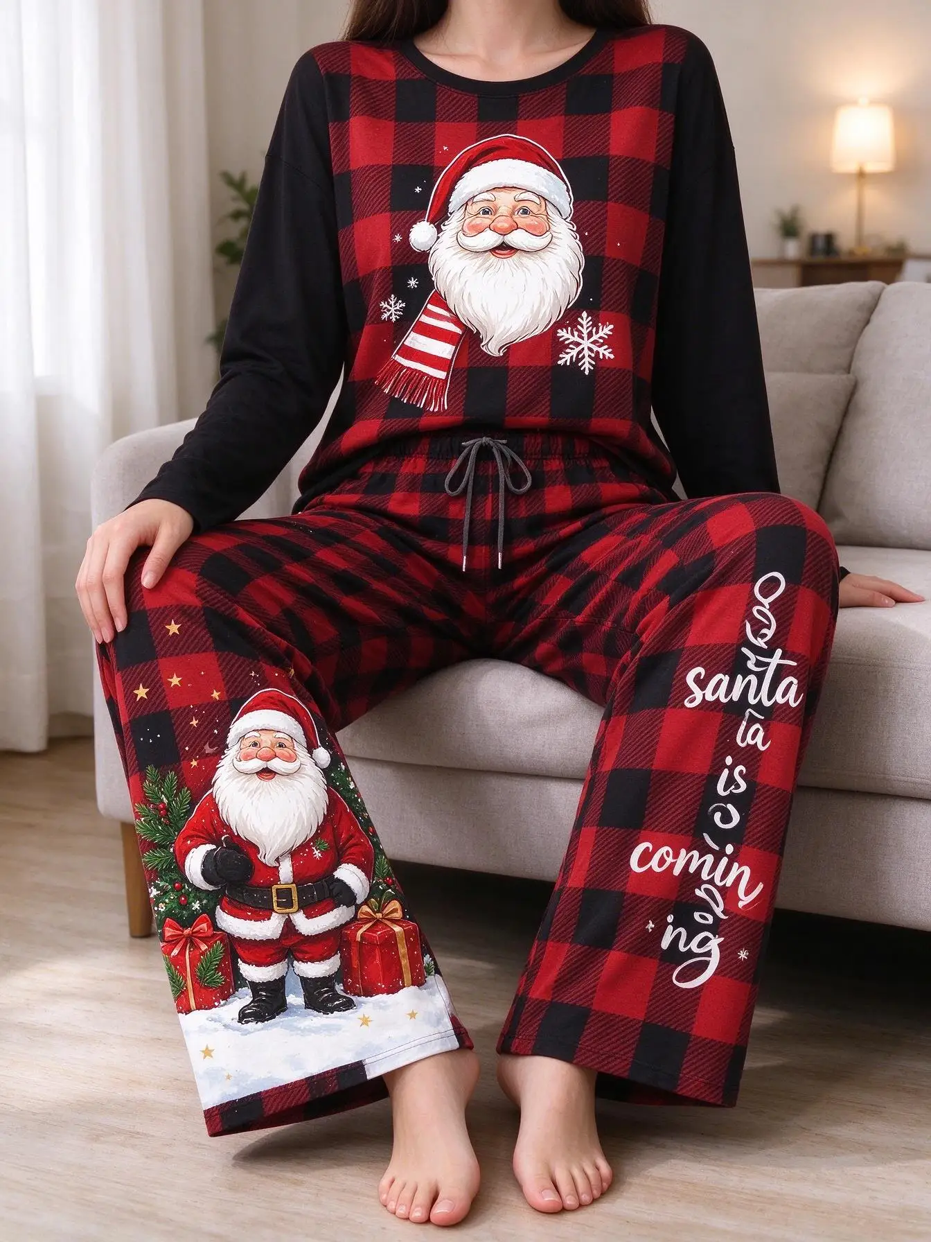 Women Imitation Cotton Pajama Set Christmas Santa Claus Red Plaid Print Round Neck Long Sleeve 2PCS Sleepwear Loungewear