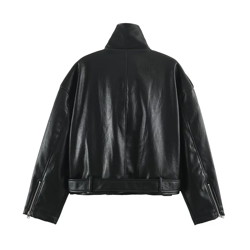 Loose Long Sleeve Faux Leather Jacket Women's Fashion Outerwear Versatile Leather Coat Short Style Zipper Closure 3046276