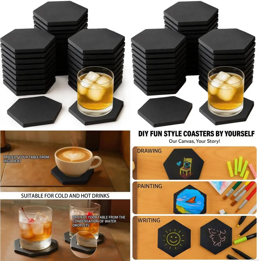 

Set of 72 Hexagonal Black Slate Coasters, Handcrafted for Home and Kitchen, Protects Tables and Adds Decorative Touch
