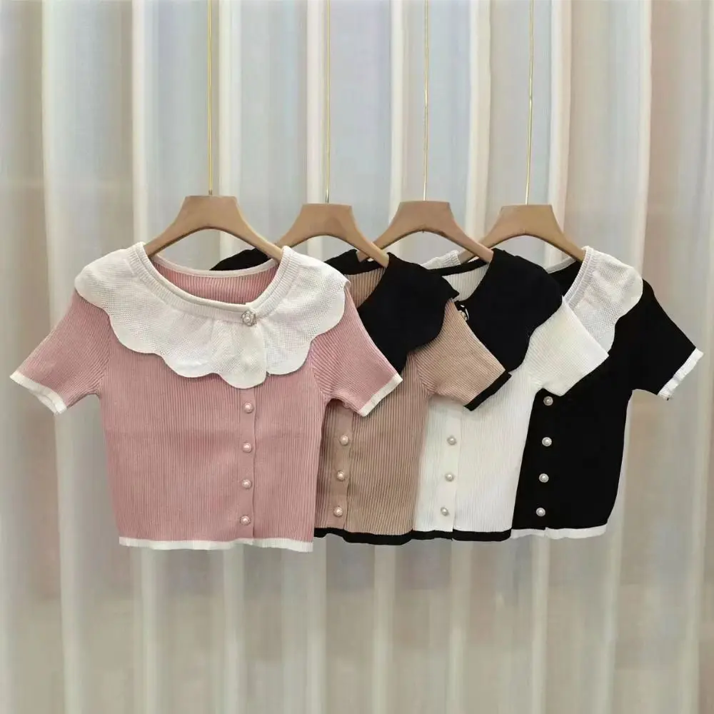 Mode O-hals geruit gebreid T-shirt met bloemenknoop, kort, slank, cropped top, dames top, streetwear, kort gebreid vest, strandkleding