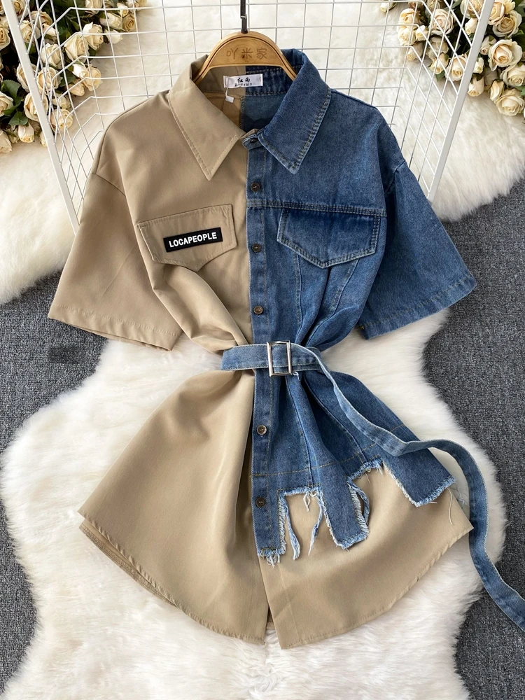 Denim Patchwork Shirt Dress Contrasting Color Turndown Collar Lace Up Single Breasted Mid Dress Loose Irregular T-shirt Dress