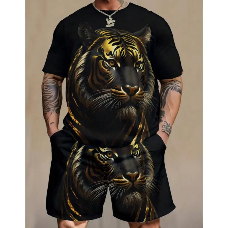 

2025 Men's Summer Casual Short-sleeved Shorts Set Tiger Print 2 Piece Street Fashion T-shirt Elastic Cord Shorts Suit