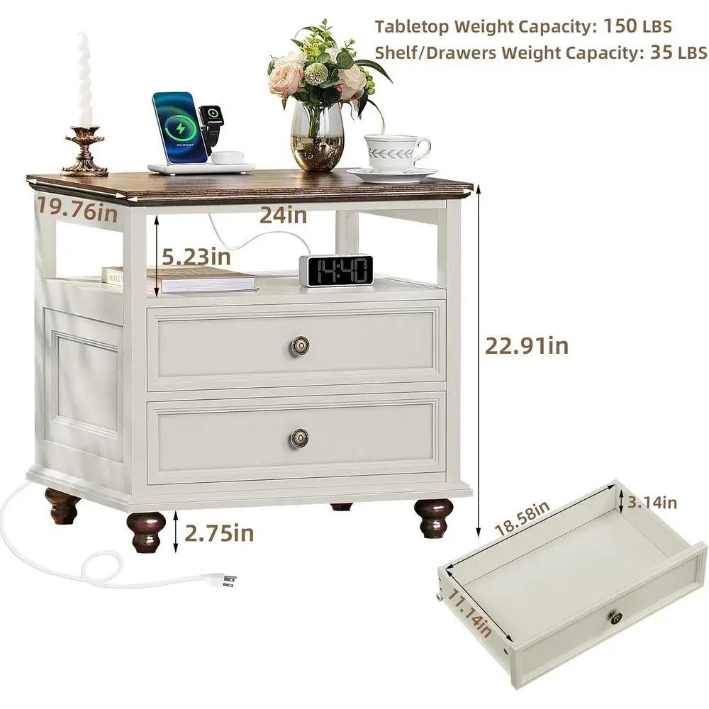 2-Piece Nightstand Set with Charging Station, 24 Wide End Table, Storage Drawers, Suitable for Bedroom or Living Room, White Woo view 3
