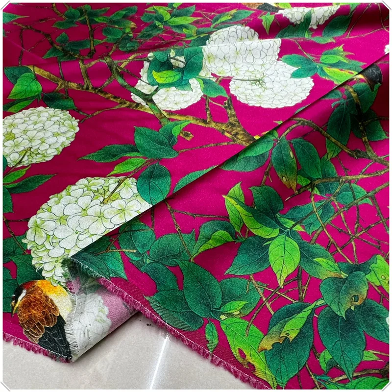 Rose Red Background Green Leaf Hydrangea 19 Momme Elastic Real Silk Fabric Satin Skirt Cheongsam Qipao Clothing Cloth