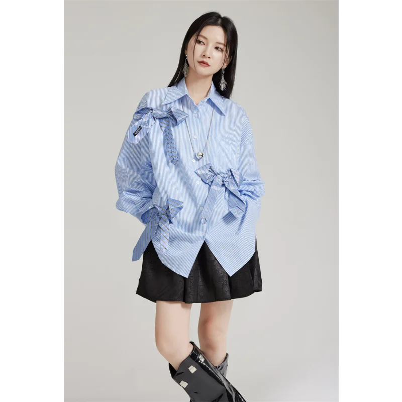 Women Autumn Stripes Cotton Shirts Tie Bow New Loose Long-sleeved Blouse Niche Design High-end Tops Street Hipsters Lapel Female