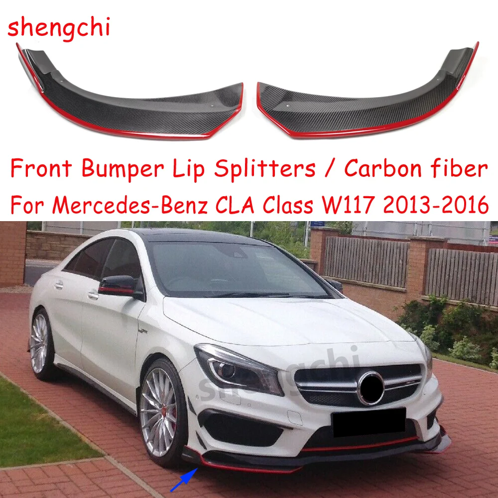 W117 Carbon Fiber Front Bumper Lip Splitters Cover Spoiler Red line For Benz CLA Class C117 CLA180 CLA200 CLA250 AMG Package