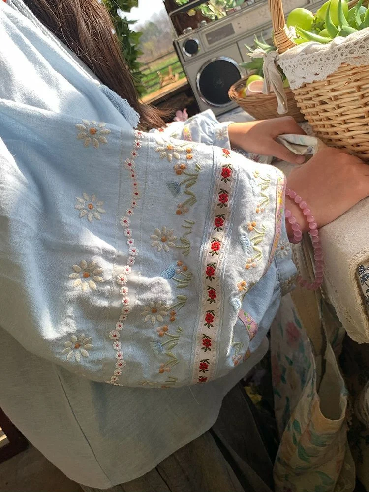 المرأة الجديدة الربيع الأزهار التطريز بلوزة خمر عارضة قميص طويل الأكمام أعلى #5