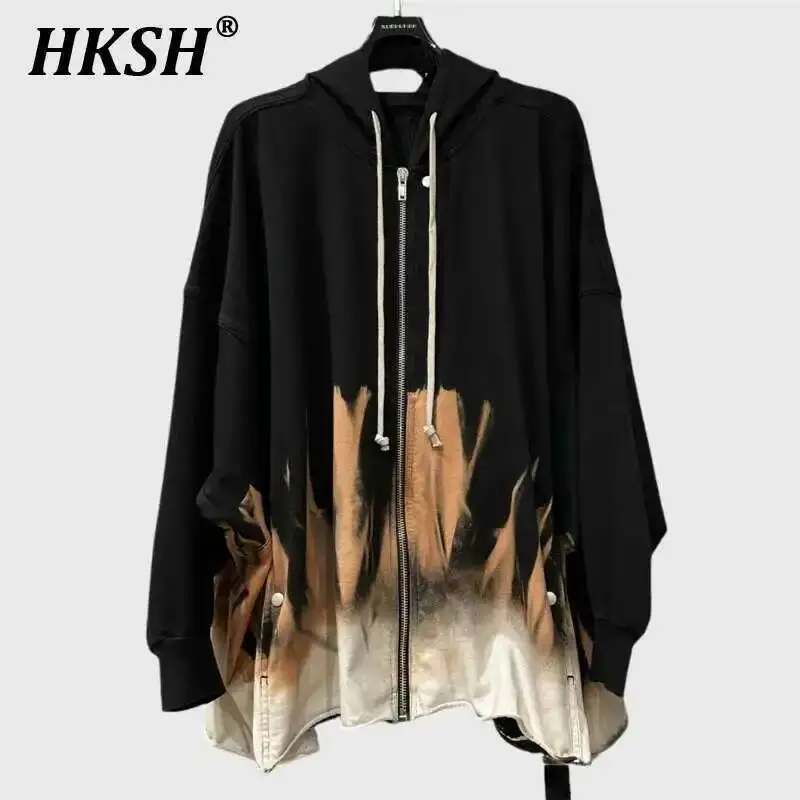 HKSH Dark RO Style Hand-painted Flame Silhouette Men Tide Punk Cotton Loose High Street Hooded Zipper Cardigan New Jacket HK3985