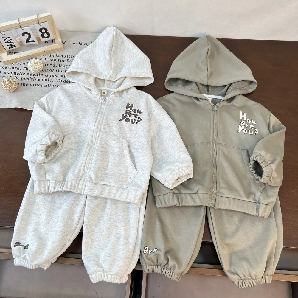 

2026 Spring New Children Letter Sportwear Boys Girls Casual Clothes Set Kids Hooded Coat + Pants 2pcs Suit Toddler Outfits