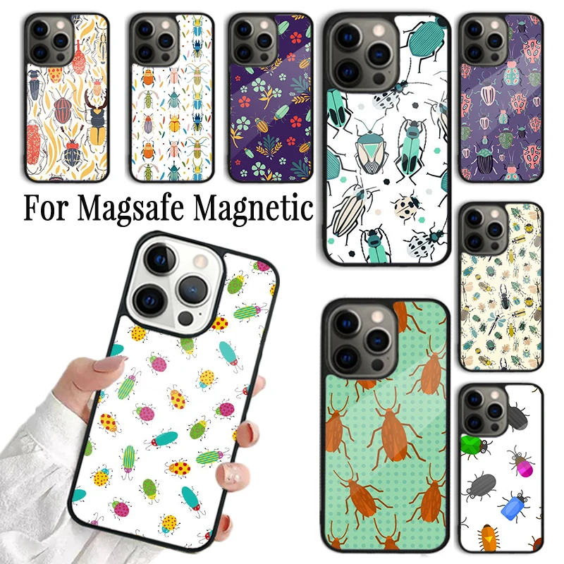 Phone Case For iPhone 16 15 14 13 12 11 Pro Max Plus Magsafe Magnetic Wireless Charging Cover Beetles Insects Entomology Collage