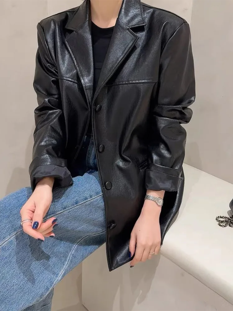Retro Chic Loose Women's PU Leather Jaet Versatile Motorcycle Sle Suit Outerwear Autumn New Arrival Faionable