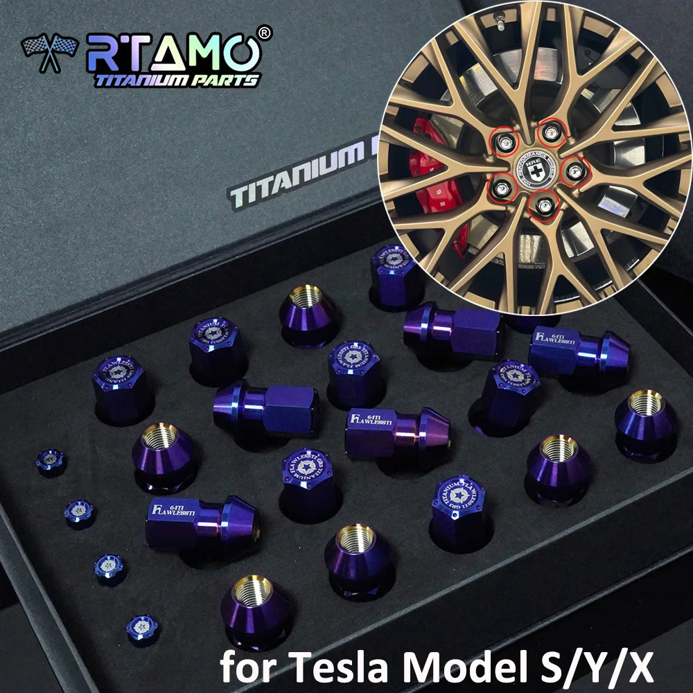 

RTAMO 20 шт. титановые гайки ступицы колеса автомобиля, болты M14X45LX1,5P с крышкой штока клапана, подходят для Xiaomi Su7 Tesla MODEL Y X S, модификация
