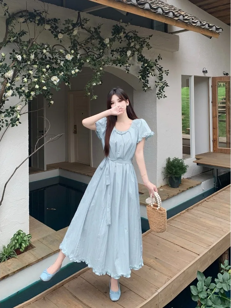 

plus Size Fashionable Short Sleeve Dress with Belt A-Line Long Skirt Design Summer New Style Pleated Slimming Korean Style Dress