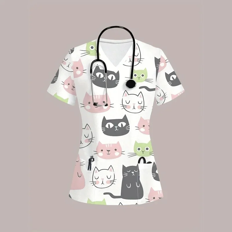 Women's Short-Sleeve Printed Beagle Dog Bone Pattern Medical Workwear Comfortable and breathable veterinary surgical gown