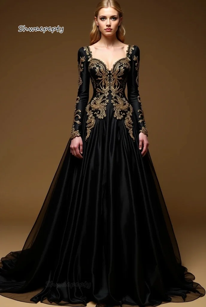 ヴィンテージブラックウエディングドレス長袖Aラインフォーマルガウンイブニングウェアゴールドレースビーズカスタマイズされたパーティーイベントオケージョンドレス