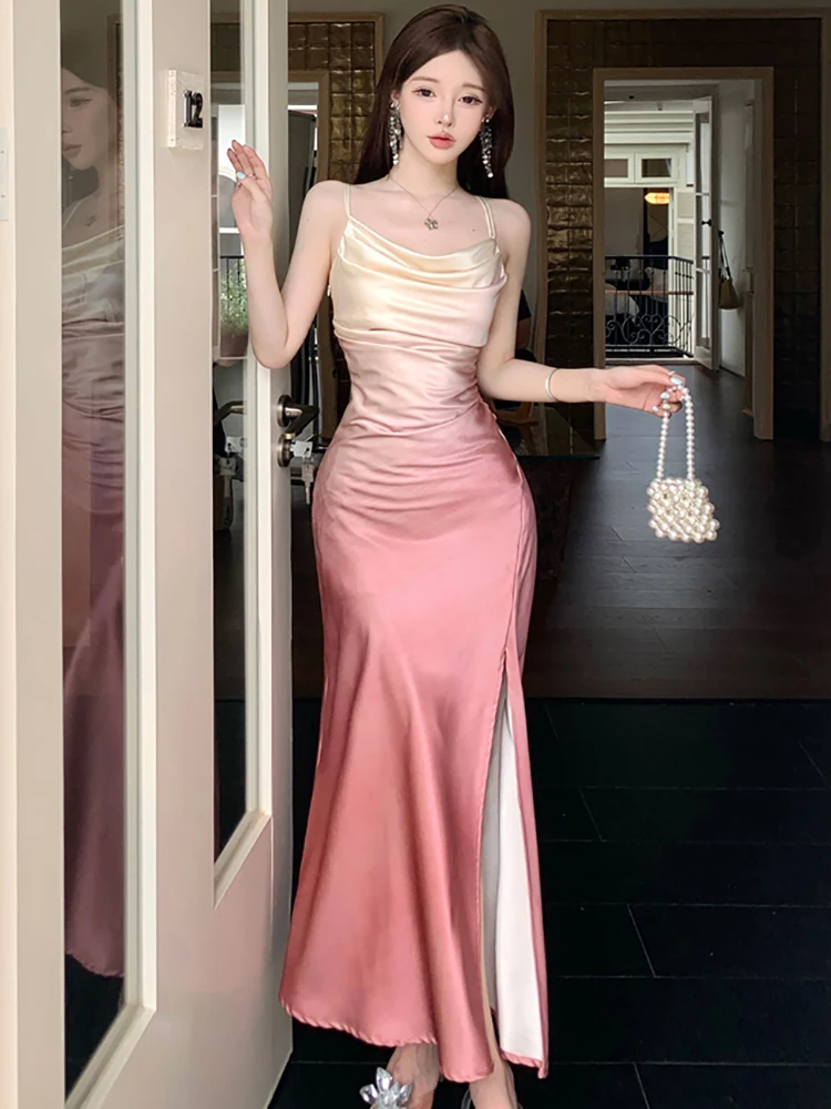 Verão gradiente rosa acetato cetim estilingue vestido longo feminino coreano vintage vestido de noite de luxo 2025 novo elegante bodycon vestidos