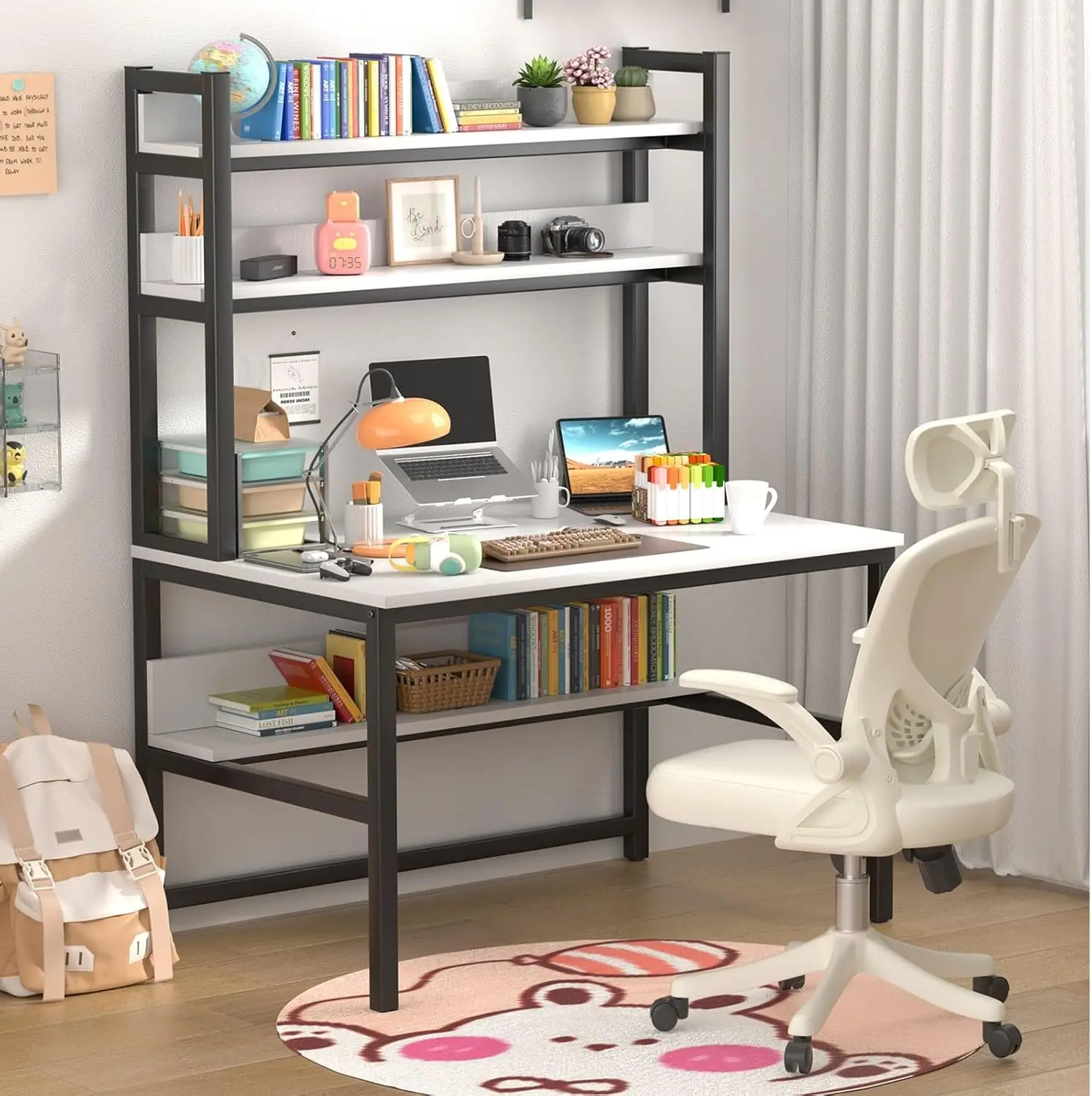 

47 Inch White Computer Desk with Shelves Gaming Study Table 3 Tier Storage Space Saving Home Office Desk