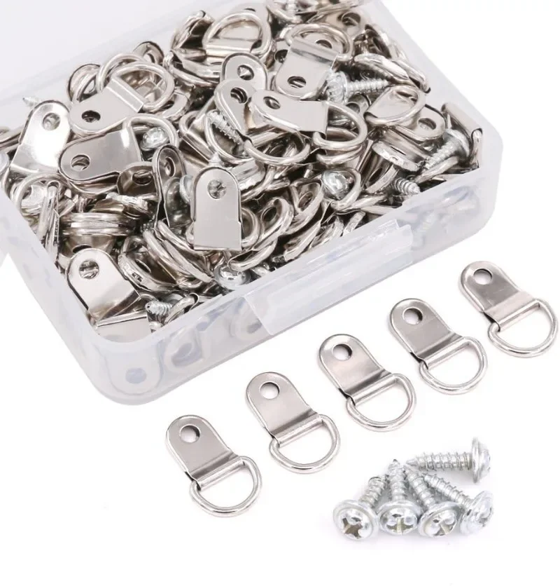 80PCS Silver Metal D-ring Picture Hook Frame Hanger With Single Hole Screw for Painting Frame Cross Stitch