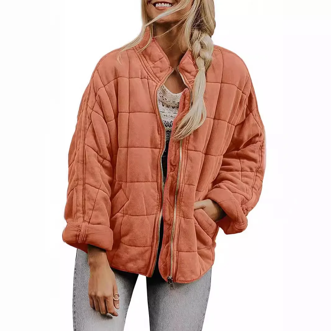 

Solid Color Stand Up Collar Cotton Jacket 2025 Women's Loose Long Sleeved Pocket Jacket