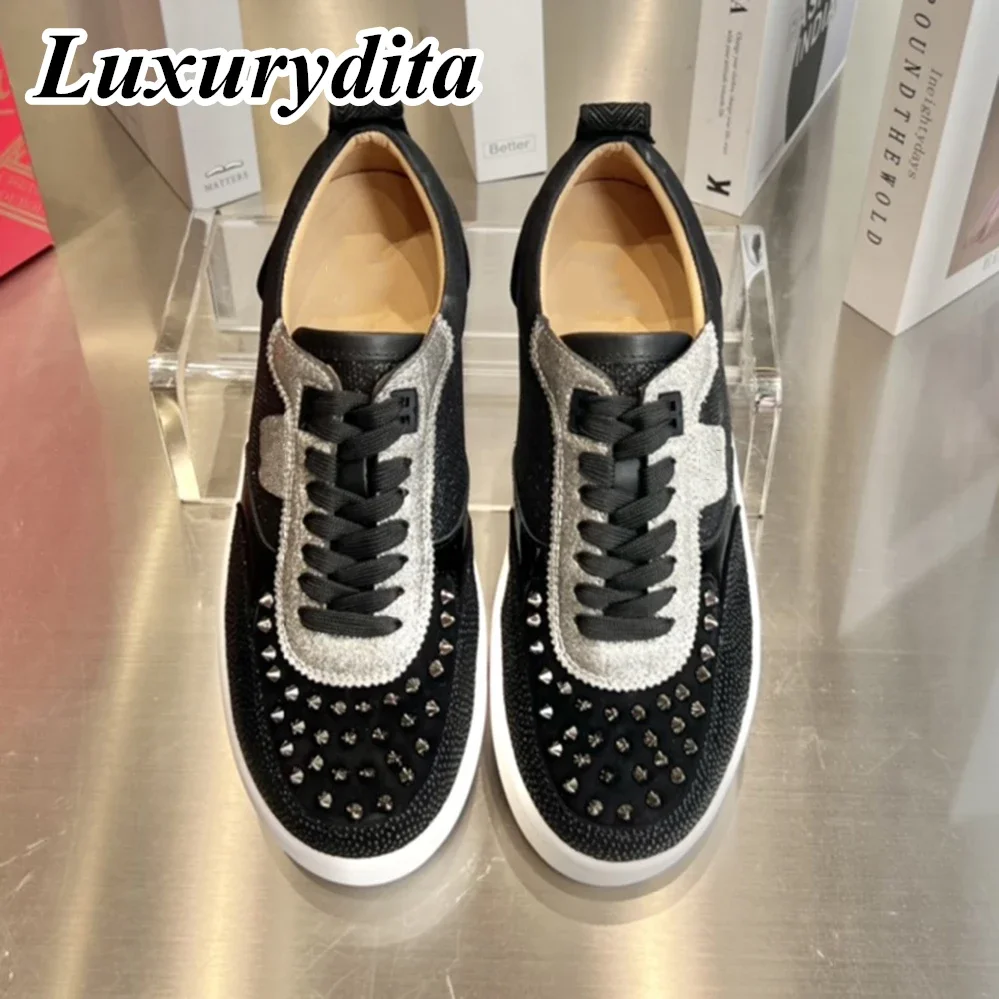 

Top Quality Womens Trendy Casual Sneakers Luxury Mens Real Leather Tennis Shoes Designr Red Sole Tide Lovers Rivet Shoes HJ0859
