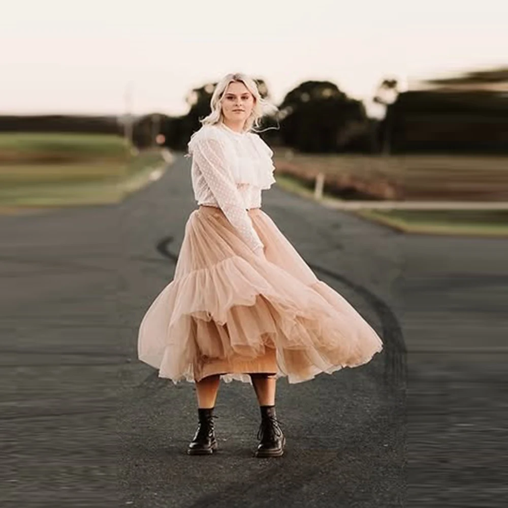 

Champagne Tulle Ruffles Skirt Elastic Waist Mid-Calf Maxi Skirt Outfits Tiered Puffy Skirt To Party Custom Color Size