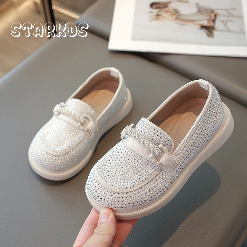 

Bling Rhinestone Covered Loafer Kid Girl Thick Sole Braided Buckle Slip-on Flat Shoe Child Brand Design Crystal Princess Zapatos