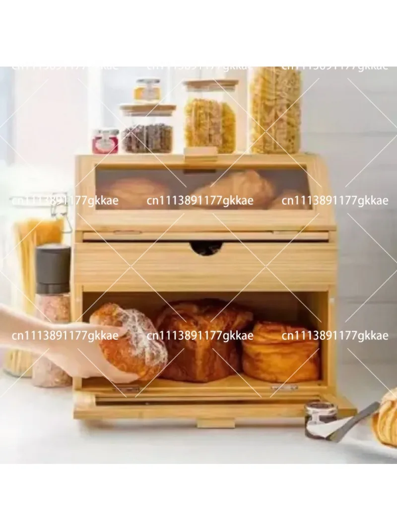 Bamboo Bread Box with View Window, Corner Storage with Built-in Knife and Board Organizer for Kitchen Counter